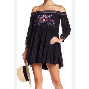 Free People Black Off-Shoulder Embroidered Mini Dress